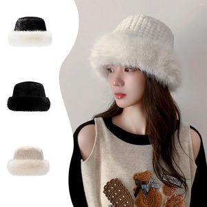 Berets Women Hat Round Cap Russia Style Earmuffs Fluffy Winter Warm Ear Protection Beanies Plush Natural Fur