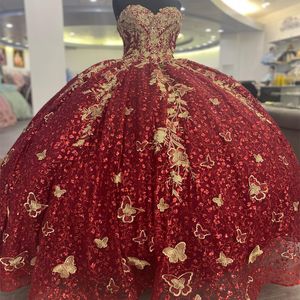 Rot weg von der Schulter Puffy Prinzessin Quinceanera Kleid Ballkleid Gold Applikationen Spitze Schleife Perlen Korsett Sweet 16 Vestidos De 15 Jahre