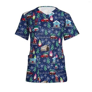 Magliette da donna Uniforme da donna Manica corta Cartone animato Stampa natalizia Camicetta tascabile da lavoro Scrub Top Uniformi infermieristiche