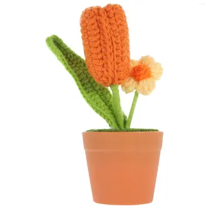 Decorative Flowers Tulip Flower Pot Ornament Crochet Bonsai Home Manual Artificial Yarn Knitting Crafts Woven Decor