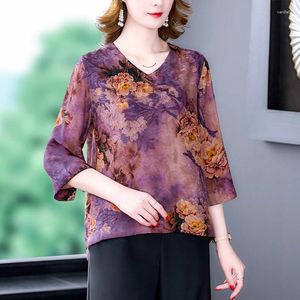 Camicette da donna Moda donna Floreale Pullover di seta naturale Primavera Autunno Leggero Elegante 2023 Coreano Vintage Aderente Ufficio Top Camicie