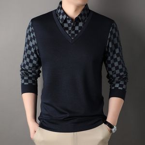 Spring and Autumn Men s Pullover Button Contrast Plaid Panel Long Sleeve T shirt Fake Two Piece Polo Bottom Fashion Casual Tops 231228