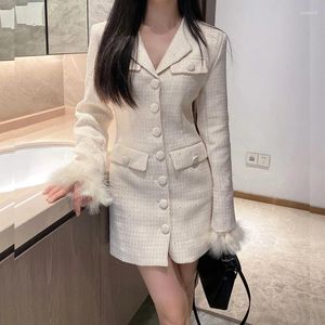 Casual Dresses Tweed Sequined Feather Patchwork Women Jacket Style Dress 2023 Autumn In Korea Fashion Single-breasted Long Sleeve