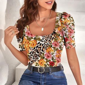 Kvinnors T-skjortor Puff Sleeve T-shirt Short Slim U Neck Topp 3D Tryckt Leopard Mönster Summer Square Street kläder