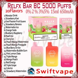 Relfx Bar BC5000 Puff Одноразовая электронная сигарета 20 вкусов 15 мл 0% 2% 3% 5% Аккумуляторная батарея 650 мАч 5K затяжек Vapes Pen Стартовый комплект Источник Производитель