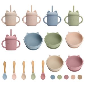 3PCS/Set Baby Silicone Sucker Bowl Plate Cup Spoon Sets Children Non-slip Tableware Baby Feeding Dishes BPA Free 231229