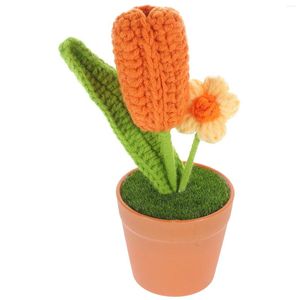 Decorative Flowers Ornament Tulip Flower Pot Woven Bonsai Decor Knitting Decorate Knitted Home Supplies