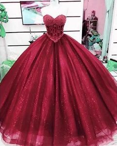 Платья Quinceanera Темно-красное бальное платье для выпускного вечера Милая Тюль из бисера с блестками на заказ Молния на шнуровке Плюс размер Новое платье Vestido De For Sweet 15