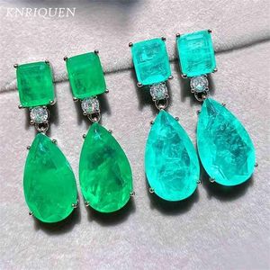 トレンド925 Sterling Silver Paraiba Tourmaline Emerald Gemstone Big Drop Earrings for Women Calktail Party Fine Jewelry Giift 210625254M