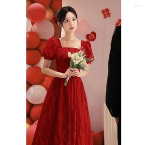 Etniska kläder Jacquard Chinese Lady Burgundy Square Collar Cheongsam Pearl Qipao Vintage Button Short Sleeve A-Line Bride Wedding Dress