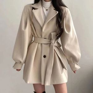 Zoki Fashion Korean Women Faux Woolen Coatsエレガントベルトレディースジャケットフォールカジュアルハイウエストチュニックメスブレンドアウトウェア231228