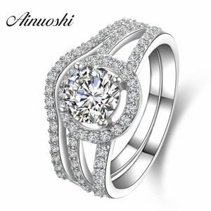 Ainuoshi luxo 1 quilate conjunto de anéis de noivado feminino 925 prata esterlina sólida halo bague conjunto de anel de noiva de alta qualidade para festa y20275w