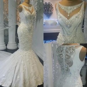 Luxury Rhinestones Crystals Wedding Dress 2024 3D Flowers Lace Appliqued Mermaid Bridal Gowns Arabic Dubai Vestidos De Novia