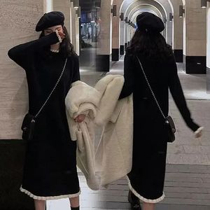 Stickad koreansk stil klänning långärmad midi svart tröja klänning lyx höst vinterklänning slitage inuti eller utanför 231229