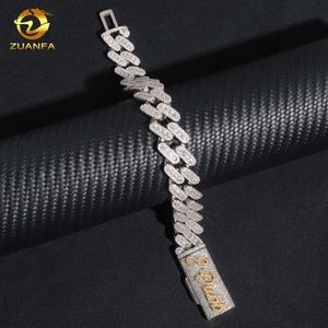 Hip Hop Custom Name Clasp Lock Three Rows Stone Setting 15mm Cuban Link Bracelet for Men