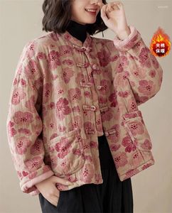 Женские куртки Ретро Китайский стиль Хлопковая льняная куртка с цветочным принтом Национальный воротник-стойка с пряжкой Свободное короткое стеганое пальто Z3950