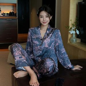 Women's Sleepwear Spring Autumn Ice Silk Pajamas Long Sleeve Home Clothing Set Fashion Printing Pijama Pyjama