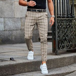 Calças masculinas moda xadrez impressa cintura alta com zíper calças casuais soltas stright negócios magro versátil