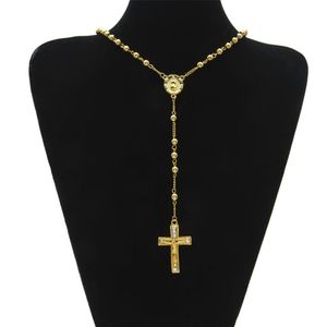 Men's Catholic Religious Jewelry Hip Hop Style Gold Color Stainless Steel Bead Necklace Jesus Cross Rosary Necklace Chain279u