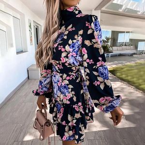 Vestidos casuais floral impressão solta mini vestido feminino manga longa alta pescoço moda feminina desgaste 2023 primavera e outono