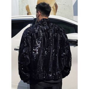 "Stylish Men's Sequin Patchwork Jacket - Trendy Streetwear Fashion, Lapel Short Coat for Autumn 2023 - Black, Zipped Cloth Design"