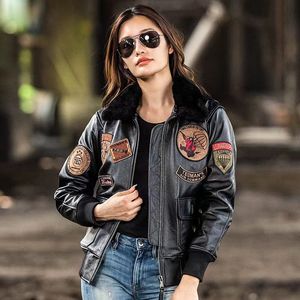 American Retro 상단 층 Cowhide 자수 G1 파일럿 공군 가죽 재킷 여성 슬림 오토바이 가을과 겨울 모피 칼라