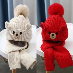 Berets dos desenhos animados urso crochê bonnet para criança quente crianças beanie cachecol conjunto menino menina ao ar livre outono inverno chapéu sboy boné azul