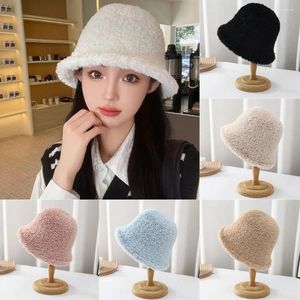 Berets Thickened Bucket Hat Casual Keep Warm Plush Basin Solid Color Panama Cap Women Girls