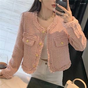 Women's Jackets Korean Fashion Pink Tweed Jacket For Women Round Neck Long Sleeve Tassel Coat 2023 Autumn Single Breasted Office Lady