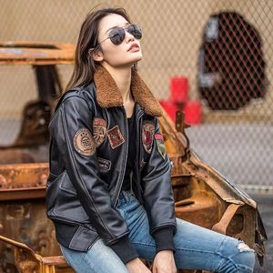 American Retro Top Layer Cowhide Embroidery G1 Pilot Air Force Leather Jacket Women's Slim Motorcycle Autumn and Winter Fur Collar