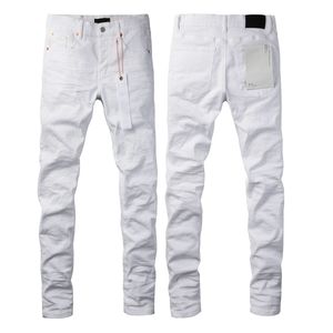 Nuovo arrivo Jeans viola da uomo Marca High Street fashion Bianco elasticizzato Elastico Skinny Fit Denim Uomo lavato Danneggiato Bottoni con foro distrutto Fly Hip Hop Pantaloni jeans solidi