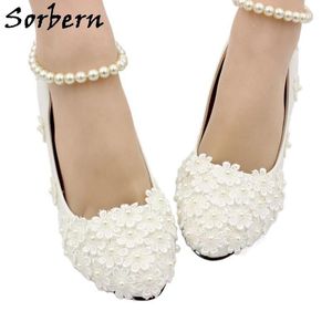 Boots Sorbern White Beading Ankle Strap Cute Flowers Wedding Shoes Med Heels Bridal Shoes Wholesale Women Shoes Party And Evening Shoe