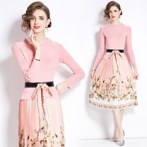 Abito plissettato da festa floreale patchwork lavorato a maglia rosa Donna Designer Manica lunga O-Collo Slim Elegante Stampa Fit Vacanza Midi Dresss 2024 Primavera Autunno Runway Ballgown