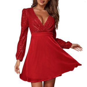 Casual Dresses 2023 Women's Party Dress Sequin Patchwork Mesh Deep V Cross Over Long Sleeped Short Solid A-Line Vestido Blanco