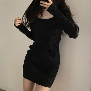 Female Dress Solid Short Extreme Mini Clothing Black Crochet U Neck Women's Dresses Bodycon Knit Long Sleeve in 231229