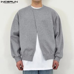 Men Hoodies Solid Color O-neck Long Sleeve Split Casual Sweatshirts Korean Streetwear Loose Male Pullovers S-5XL INCERUN 231229