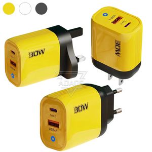 Luce blu 30 W pieno accordo PD + caricatore USB 2 doppie porte Adattatori da parete giallo ambra adattati per iPhone Samsung Smart phone