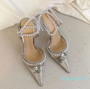 Pearl Sandals Top Quality High Heeled Luxury Designer Transparent PVC Womens Dress Shoes Ovski Dekorativa spänne klackar Middag