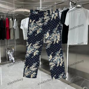 Xinxinbuy 2024 homens jeans jeans calça de impressão floral letra de impressão de letra floral