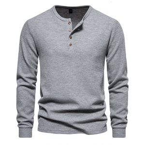 Waffle t camisa masculina outono manga longa camisa henley casual fino ajuste camiseta homme o pescoço botão camisas de hombre 231228