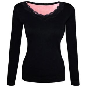 Ladies lace V-neck thermal underwear women thickened plus velvet winter cold-proof body bottoming shirt Long sleeve clothes 231229