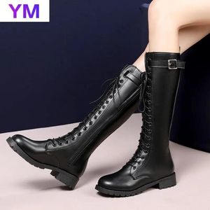 Boots Women Thick Platform Kneehigh Boots Autumn Boot Black Laceup Medium Creepers Shoes Fashion Punk Riding Boots Zipper Round Toe