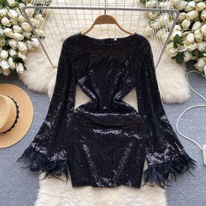 Casual Dresses Autumn Black Sequins Elegant Flared Long Sleeves A-line Evening Dress Women Sleeve Birthday Party Short Vintage