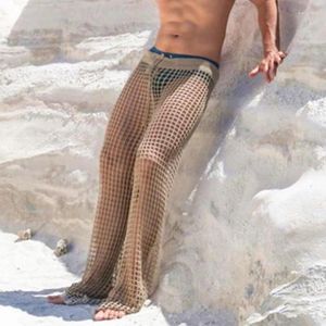 Calças masculinas Crochet Hollow Out Beach Homens Malha Transparente Sexy Casual Masculino Solto Sheer Tricô Preto Calças de Cordão