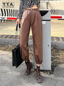 Calças femininas cintura elástica mulheres couro genuíno tornozelo comprimento cor sólida carga rua alta feminina calças de pele carneiro real