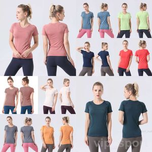 Justera lu yoga kvinna sport kort ärm körning fitness toppar sexiga gym t-shirts fast färg tee skjorta andas utomhus yogas tank väst träning snabb torr dam