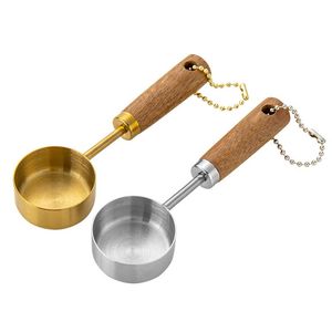 Flat botten rostfritt stål mätsked med trähandtag Hangable Measuring Cup 14 ml Kök Mät verktyg Bakning LX6315