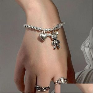 Braccialetti in argento sterling 925 per le donne Stringa di perline Accessori Tendenza Vintage Semplice simpatico orso ciondolo gioielli per feste Drop De Dhmx7