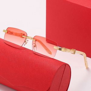 女性のための赤いデザイナーサングラスメンズカートメガネ長方形の男性女性フレームレスサングラス眼鏡ゴールドウェービングプレートウッドFra