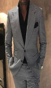 Houndstooth damat smokin zirve yaka erkekler düğün smokin moda erkek ceket blazer erkekler balo yemek yemeği